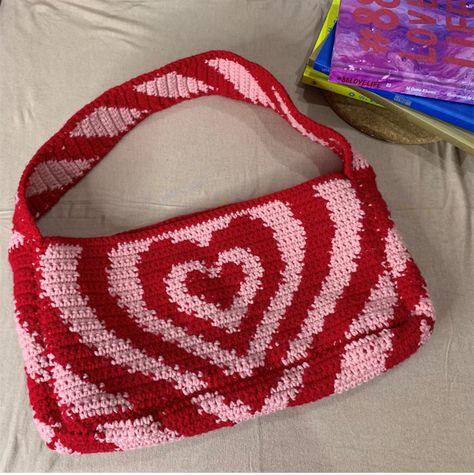 this is my first crochet bag🥰💗 Puff Crochet Bag, Crochet Powerpuff, Powerpuff Heart, First Crochet, Heart Crochet, Power Puff, Tapestry Art, Heart Crafts, Heart Bag