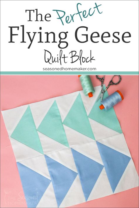 Learn how to make the simple Flying Geese Quilt Block four at a time. #flyinggeese4atatime #flyinggeesequiltblock #easyflyinggeese Flying Geese Quilt Block, Colchas Quilting, Hand Quilting Patterns, Flying Geese Quilt, Christmas Quilt Patterns, Easy Quilt Patterns, Beginner Sewing Projects Easy, Quilt Block Tutorial, Flying Geese