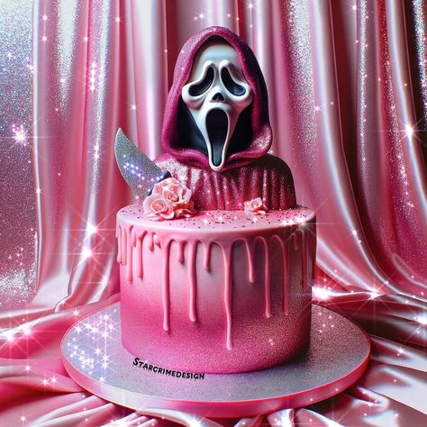 Scream but make it cute👻🩶✨💓 If anyone asks I want a scream themed cake for my birthday in October.😆 ⚠️These are not real products. This is just for fun & not affiliated with or sponsored by the Scream franchise in any way. Happy Memorial Day! Xo, Heather . . . ✨Images here created with Dalle (yes, it’s AI), edited with external tools & programs. . . . . . . #ScreamMovie #glitterart #Ghostface #ScaryMovies #HorrorFans #ScreamFranchise #pinkaesthetic #glitteraesthetic #glitterartist Ghostface Cake Aesthetic, Ghostface Birthday Party Ideas, Scream Halloween Party, Ghost Face Cake, Ghostface Cake, October Birthday Themes, October Cake, Aesthetic Treats, Scream Party