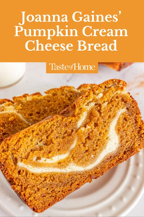 With a moist, tender crumb and plenty of flavor, this pumpkin bread with cream cheese is an excellent quick bread for fall. #fall #pumpkinbread #joannagaines #recipes #fallrecipes #desserts Pumpkin Bread Rolls Cream Cheeses, Great Harvest Pumpkin Bread, Extra Moist Pumpkin Bread, Moist Pumpkin Loaf Recipe, Pumpkin Cream Cheese Mini Loaf, Sour Cream Pumpkin Bread Recipe, Canned Pumpkin And Cream Cheese Recipes, Pumpkin Puree Bread, Holiday Pumpkin Bread