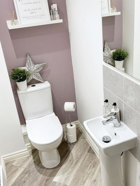 Purple Downstairs Toilet, Lilac Bathroom, Cloakroom Ideas, Bathroom Revamp, Cloak Room, Grey Toilet, Small Downstairs Toilet, Cloakroom Toilet, Toilet Room Decor