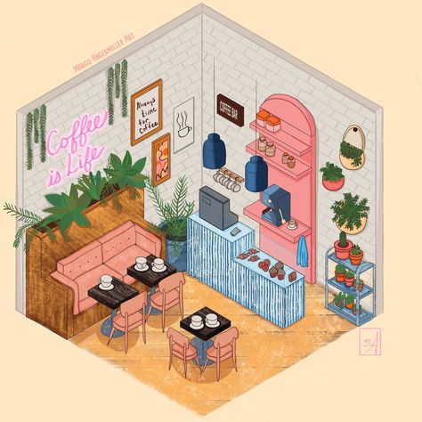 A challenging piece - this isometric coffee shop is based on a tutorial from @floortjesart. 🌷Find me on Patreon https://patreon.com/MargoAngermillerArt 🌷Shop for prints, stickers, pillows, and more https://linktr.ee/MargoAngermillerArt #art #drawing #painting #digitalart #ipadpro #procreate #illustration Isometric Room Illustration Aesthetic, Isometric Art House, Isometric Art Tutorials, Isometric Art Drawing, Isometric Coffee Shop, Coffee Shop Drawing, Isometric Kitchen, Isometric Rooms, Blender Inspiration