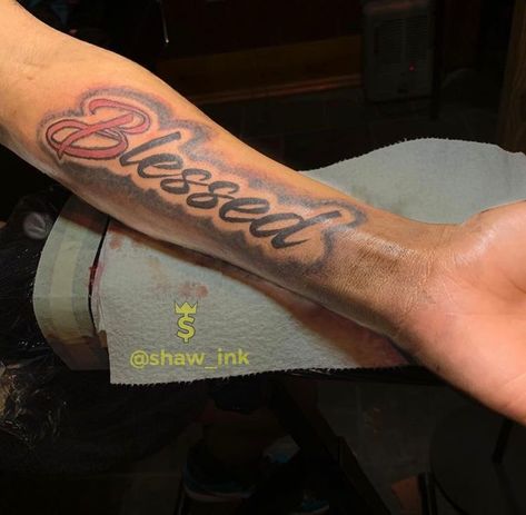 Forearm Word Tattoo, Back Of Forearm Tattoo, Blessed Tattoo, Inside Of Arm Tattoo, Blessed Tattoos, Tattoo Ideas Males, Best Neck Tattoos, Outer Forearm Tattoo, Half Sleeve Tattoos Forearm