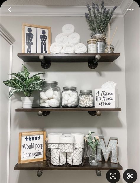 Bathroom Shelves Decor Ideas Modern, Side Of The Toilet Storage, Behind Bathroom Door Decor, Guest Bathroom Farmhouse Decor, Small Restroom Organization, Trendy Bathroom Storage, Fun Restroom Ideas, Bathroom Apartment Ideas Modern, Bathroom Decor No Counter Space