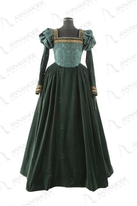 Woman DRESS 1500 - 1530 | ANNAMODECOSTUMES - since 1946 Green Historical Dress, Historical Dresses Medieval, 1500s Dress, Edwardian Dress Pattern, Green Medieval Dress, Elizabethan Dress, 1500s Fashion, Manhwa Dresses, Middle Ages Clothing