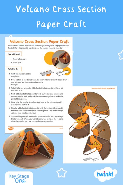 This resource was developed with Dr Laura Hobbs, Volcanologist: Science from the Start & Lancaster University so it is perfect to learn more about volcanoes. This cross-section paper model is great to show the structure of a volcano in a simplified way. Would complement geography lessons or topics about Volcanoes or natural geographical features. Volcano Lessons For Kids, School Volcano Project, Volcano Paper Craft, Volcano Poster Project, Volcano Craft, Layers Of Volcano, Vulcano Diy For Kids, Tectonic Plates Map, Volcano Model