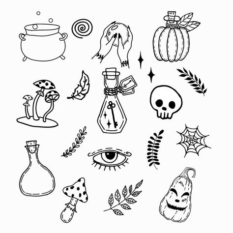 Set of halloween themed doodles | Premium Vector #Freepik #vector #halloween-coloring-pages #alchemist #halloween-party #occult Witchy Doodles Simple, Witchy Drawings Simple, Witchy Doodles, Themed Doodles, Doodles Simple, Cute Paintings, Magic Art, Halloween Coloring, Book Of Shadows