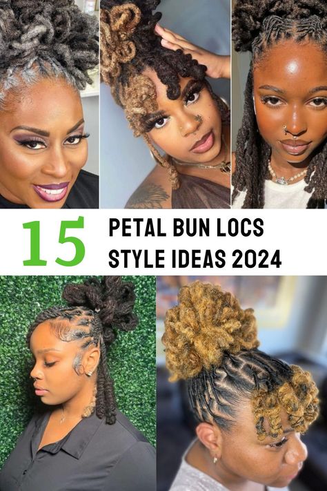 Discover 15 stunning petal bun locs styles that are perfect for any occasion! From casual chic to elegant updos, these looks will inspire you to elevate your locs game. Perfect for loc wearers looking to try something new and fabulous!  Hashtags: #PetalBunLocs #LocsStyle #HairInspiration #NaturalHair #LocUpdo #StyleIdeas #HairGoals #TrendyLocs #FashionInspo Loc Petal Bun On Short Locs, Loc Ponytail Styles With Bangs, Cute Loc Updo Styles For Women, Simple Loc Updo Styles, High Locs Ponytail, Barrel Twist Updo Locs Women, Long Loc Ponytail Styles, Long Loc Updo Styles Women, Pineapple Hairstyle Locs