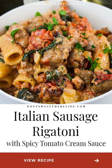 Sausage And Rigatoni, Spicy Tomato Cream Sauce, Italian Sausage Rigatoni, Sausage Rigatoni, Rigatoni Recipes, Kitchen Sanctuary, Tomato Cream Sauce, Sausage Pasta Recipes, Italian Sausage Pasta