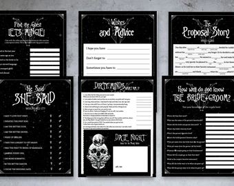 Skull moon | Etsy Black Bachelorette Party, Halloween Bridal Showers, Gothic Wedding Theme, Bridal Shower Prizes, Wedding Mad Libs, Skull Moon, Gothic Wedding Invitations, Edgy Bridal, Halloween Wedding Invitations