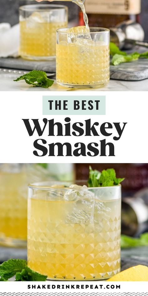 A Whiskey Smash is light, classy, and just as easy to make as it is to enjoy. Whiskey Smash Recipe, Whiskey Drinks Simple, Bourbon Mixed Drinks, Whiskey Based Cocktails, Whiskey Cocktails Easy, Whisky Cocktail Recipes, Shake Drink, Whiskey Lemonade, Whiskey Drinks Recipes