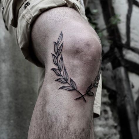 Laurel Wreath Tattoo Knee Men, Leg Tattoo Men Knee, Leaves Under Knee Tattoo, Under The Knee Tattoo Men, Leaf Knee Tattoo Men, Knee Branch Tattoo, Men Leaf Tattoo, Leave Tattoo Men, Laurel Wreath Knee Tattoo