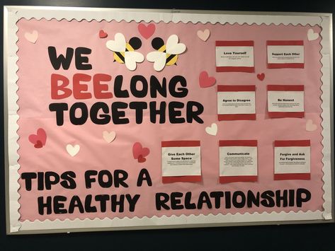 Bulletin Board Ideas Dorm Room, February Bulletin Board Ideas College, Life Skills Ra Bulletin Board, Relationship Bulletin Board, February Ra Programs, Spring Ra Bulletin Boards, Easy Ra Bulletin Boards, Classroom Bulliten Board Ideas, Valentines Ra Board