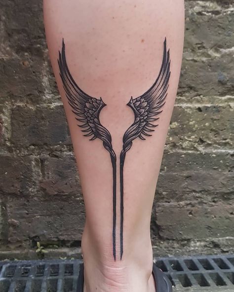 Love: general shape and the two-prong shape going down the arm (I think I favor this over one 'arrow'). Wish: finer lines/more delicate/light geometric touches Valkyrie Symbol Tattoo, Valkyrie Wings Tattoo, Valkyrie Symbol, Valkyrie Wings, Wings Tattoo Meaning, Viking Rune Tattoo, Rabe Tattoo, Valkyrie Tattoo, Rune Tattoo