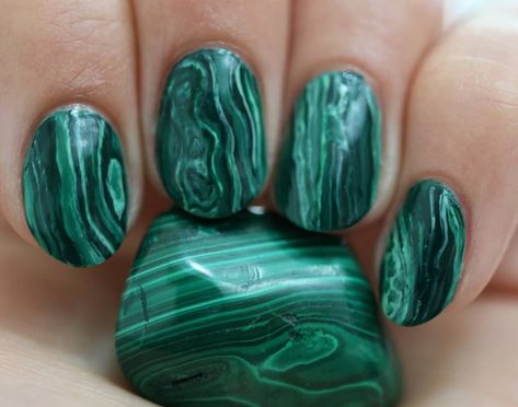 Liquored&Lacquered on Instagram: “Malachite - this one was requested by @solreina so here it is! Took a few attempts to get it how I wanted and it's still a little janky,…” Malachite Nails, Nails Space, Hippie Nails, Shoplook Outfits, Witch Fashion, Crystal Nails, Elegant Nails, Tiger Eye Stone, Funky Nails