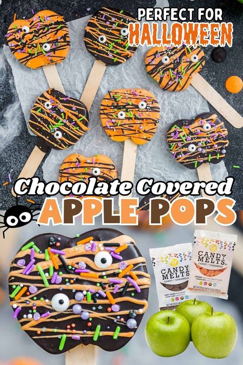 Halloween Chocolate-Covered Apple Pops are a healthier holiday snack on a stick. Featuring fresh apple slices, chocolate, and sprinkles, Halloween crafts are always fun when kids can help dip and decorate their desserts! Chocolate Apple Slice Pops, Halloween Apple Treats, Apple Recipes For Toddlers, Candied Apples Slices, Chocolate Apple Slices, Chocolate Covered Apples Slices, Holiday Healthy Snacks, Apple Pops, Caramel Apple Slices