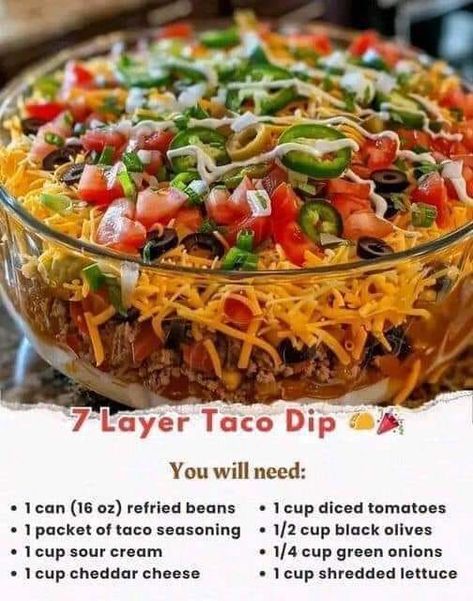 Mediterranean Recipes for Beginners 2024 | Seven-Layer Taco Dip 🌮🎉 | Facebook Seven Layer Taco Dip, 7 Layer Taco Dip, Layered Taco Dip, Seven Layer Dip, Mexican Kitchens, Lake Food Ideas Summer, Taco Dip, Food Ideas Summer, Lake Food Ideas