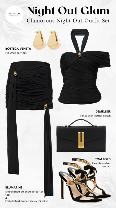 Show Stopping Outfits, All Black Outfit With Gold Accessories, Black Party Outfit Night, Black Outfit Party Night, Luxury Party Outfit, Black And Gold Outfit Ideas, Elegant Club Outfits, Gold Black Outfit, Gold Top Outfit