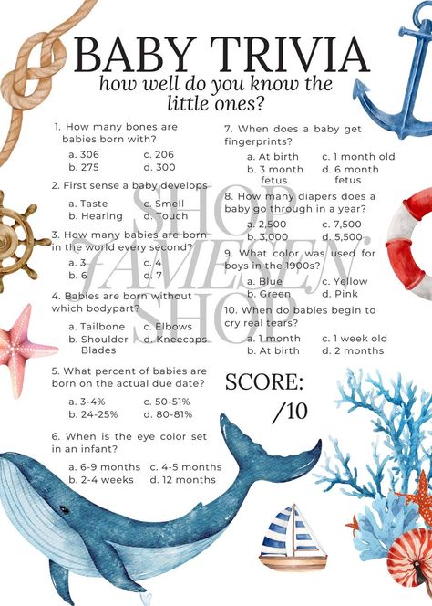 Sailor Baby Shower Theme, Baby Shower Trivia Game, Baby Trivia Game, Baby Shower Trivia, Sailor Baby Showers, Baby Trivia, Boy Baby Shower Decor, Pirate Baby, Sailor Baby