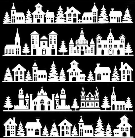 Winter Window Silhouette, Winter Village Silhouette, Christmas Village Stencil, Christmas House Silhouette, Christmas Window Silhouettes Diy, Christmas Village Silhouette, Christmas Village Template, Christmas Crib Ideas, Christmas Coffee Table Decor