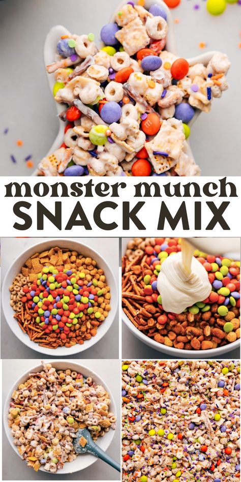 Monster Munch snack mix is the ultimate sweet and salty treat! Coat crunchy cereal and pretzels in white chocolate, then toss in candy bits and roasted peanuts for a festive treat. Halloween Snack Mix White Chocolate, Monster Chex Mix Recipes, Halloween Monster Munch, Fall Classroom Snacks For Kids, Monster Snacks For Kids, Halloween Snack Mixes, Monster Munch Recipe, Halloween Trail Mix Recipe For Kids, Halloween Preschool Snacks