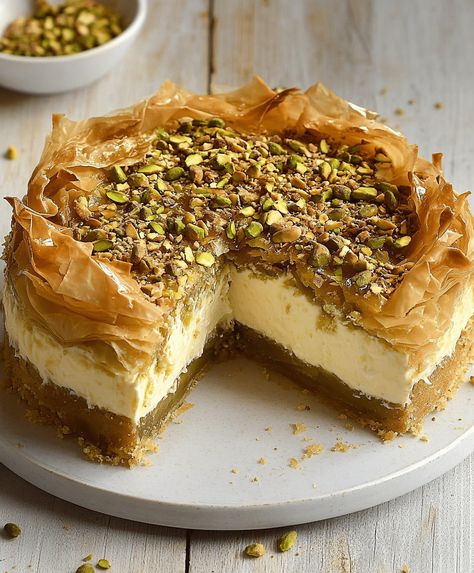 Honey Pistachio Baklava Cheesecake Recipe Baklava Pistachio Cheesecake, Pistachio Butter Recipe Ideas, Pistachio Baklava Cheesecake, Baklava Recipe Pistachio, Honey Pistachio Baklava Cheesecake, Easy Recipes For Party, Savoury Desserts, Greek Dessert Recipes, Pistachio Dessert Recipes