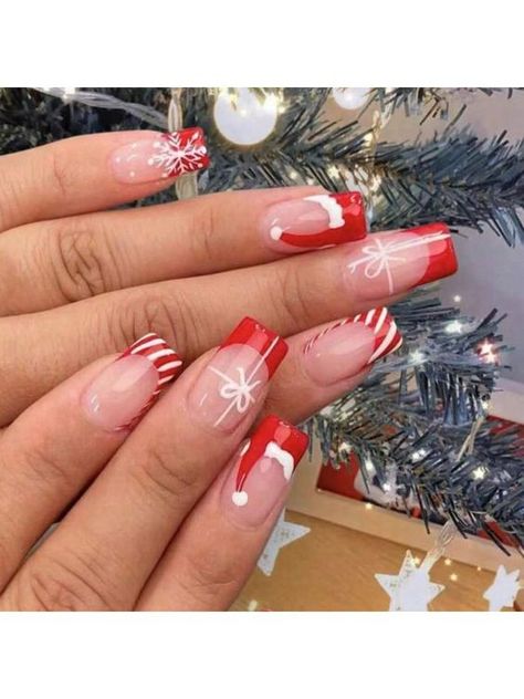 Xmas Nail Art, Red Christmas Nails, Cute Christmas Nails, Christmas Gel Nails, Easy Nails, French Tip Acrylic Nails, Christmas Nails Acrylic, Xmas Nails, Nailed It