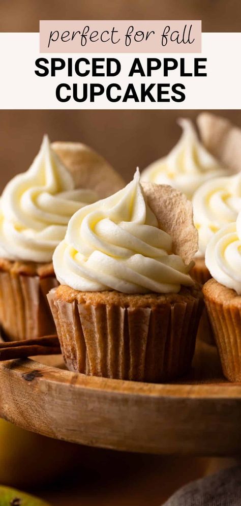 These spiced apple cupcakes taste like Fall in a bite! They're moist and flavored with warm spices like cinnamon, nutmeg, and ginger. Studded with fresh chopped apples and topped with cream cheese frosting, these cupcakes make the perfect, cozy Fall dessert. Fall Apple Cupcakes, Apple Spice Cupcakes, Caramel Buttercream Frosting, Cinnamon Cupcakes, Baked Apple Recipes, Apple Cupcakes, Fall Baking Recipes, Apple Recipes Easy, Caramel Buttercream