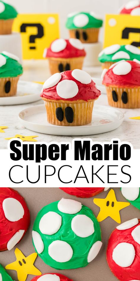 Easy to make Super Mario Cupcakes. These Mario inspired cupcakes are so fun for a gaming party, Super Mario party, or just for fun. Mario Cookies Easy, Mario Toad Cupcakes, Super Mario Cupcakes Birthday Ideas, Mario Cupcakes Diy, Mario Brothers Cupcakes, Super Mario Bros Cupcakes, Mario Kart Cupcakes, Mario Cupcake Ideas, Mario Birthday Cupcakes