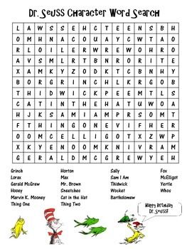 Students can complete this fun, free activity to celebrate Dr. Seuss' Birthday or Read Across America Week.  Characters from a variety of Dr. Seuss books are included in the word search.  An answer key is also included.   You can find more Dr. Seuss activities in my TPT store: http://www.teacherspayteachers.com/Product/Dr-Seuss-Cut-Glue-Write-and-Draw-Activities-1137681  *Clipart from Microsoft Office Gallery Dr Seuss Word Search, Birthday Drawing Ideas, Read Across America Week, Dr Seuss Classroom, Dr Seuss Activities, Dr Seuss Crafts, Birthday Drawing, Seuss Classroom, Seuss Crafts