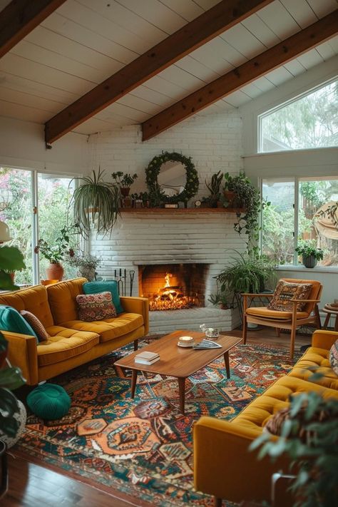 Interior Design Modern Boho, Living Room Mid Century Modern Bohemian, Century Home Living Room, Bohemian Midcentury Modern, House Vibes Aesthetic, Mid Century New Build, Boho Great Room Ideas, Colorful Living Room With Fireplace, Living Room Inspiration Plants