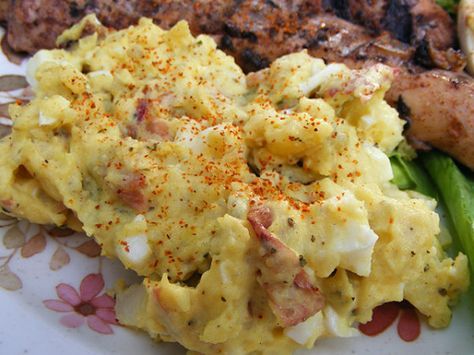 Jamaican Jerk Potato Salad Recipe - Food.com Caribbean Potato Salad, Jamaican Potato Salad, Jamaican Potato Salad Recipe, Jamacian Food Recipes, Jamaican Side Dishes, Salad Recipes Creamy, Potato Salad Recipes, Jamaica Food, Carribean Food