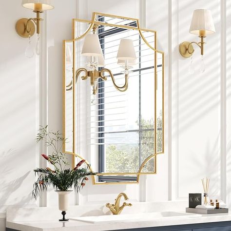 Amazon.com: Kelly Miller Gold Bathroom Mirror for Wall, 24"x36" Large Decorative Mirror Gold Wall Mirror Vanity Mirror Beveled Wall Decor for Master Bath Half Bath Living Room Bedroom Fireplace Mantle Entryway : Home & Kitchen Bedroom Fireplace Mantle, Gold Bathroom Mirror, Statement Bathroom, Wall Mirror Vanity, Large Gold Mirror, Moody Bathroom, Dark Bathroom Ideas, Condo Inspiration, Gold Wall Mirror