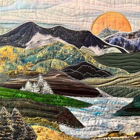 Mountain Quilt Block, Lake Landscape Art, Contemporary Art Quilt, Landscape Art Quilts, Mountain Quilts, Mountain Waterfall, Quilted Wall Hanging, Landscape Quilt, Hanging Quilts