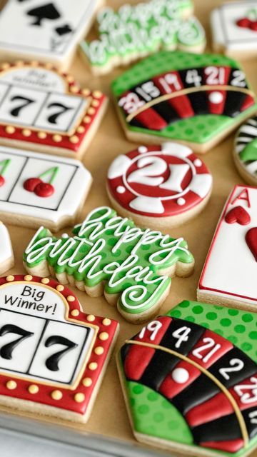 21st Birthday Decorated Cookies, Casino Themed Cookies, Casino Cookies Decorated, 21st Birthday Cookies For Guys, Poker Cookies, 21 Birthday Cookies, Vegas Cookies, Birthday Cookie Designs, 21st Birthday Cookies