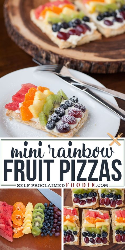 Mini Rainbow Fruit Pizzas transform flaky puff pastry, sweetened mascarpone, & fresh fruit into a colorful sweet treat perfect for breakfast or dessert. #fruitpizza #rainbow #puffpastry #mascarpone #forkids #recipe #tart #pastry Fruit Pizzas, Tart Pastry, Fruit Pizza Sugar Cookie Recipe, Healthy Fruit Pizza, Pizza Sugar Cookie, Rainbow Desserts, Fruit Pizza Sugar Cookie, Weekend Food, Puff Pastries