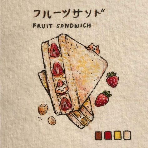 mikky (美姬） on Instagram: "fruit sandwich! saw this on a home café video and i just 🥺🍓🍰✨ the drawing’s like 3cm big lol" Strawberry Sando Drawing, Fruit Sando Drawing, Fruit Sandwich Drawing, Food Drawing Sketches Pencil, Sandwich Sketch, Snack Drawing, Food Drawing Sketches, Sandwich Drawing, Fruit Drawings