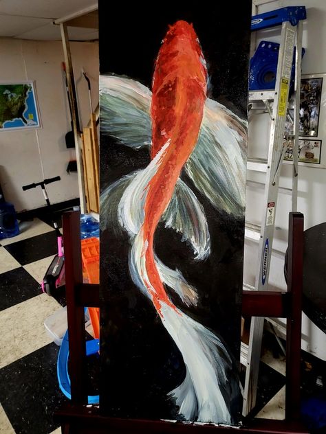 Painting Ideas For Large Canvas, Koi Painting Acrylic, Painting Ideas On Canvas Big, Big Painting Ideas Canvases, Big Painting Ideas, Long Canvas Painting Ideas, Fish Painting Acrylic, Koi Fish Painting, Koi Painting