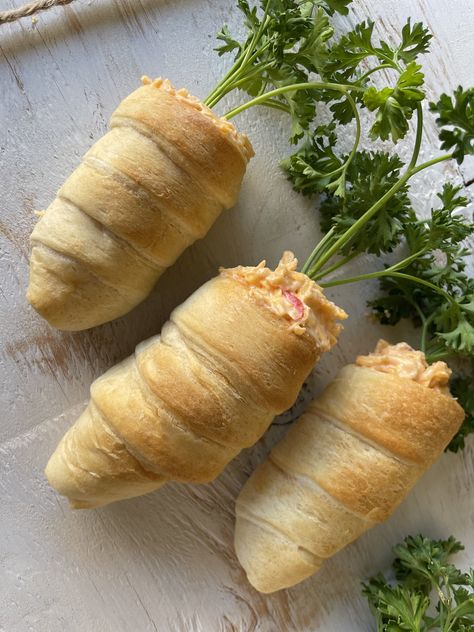 Stuffed Crescent Roll Carrots — Miss Annie's Home Kitchen Crescent Roll Carrots, Stuffed Crescent Roll Carrots, Peeps Recipes, Crescent Dough Sheet, Pimento Cheese Spread, Carrot Bread, Cheese Crescent Rolls, Crescent Dough, Cornbread Dressing