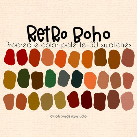 The Retro Boho Procreate Color Palette! Procreate color palettes are a perfect way to keep cohesive colors organized right at your finger tips while using the Procreate app.  This is a handpicked color palette made up of my favorite colors for you to enjoy! After you purchase, you'll download the file from Safari NOT the Etsy app. Once the files are downloaded and you open the file, the palette will automatically import into Procreate! You will find this palette ready to go in your Procreate pal Earthy Retro Color Palette, 70s Colors Palette, Goblin Color Palette, Retro Western Color Palette, 90s Color Palette Grunge, 70s Aesthetic Color Palette, Retro Boho Color Palette, Boho Retro Aesthetic, Boho Colors Palette