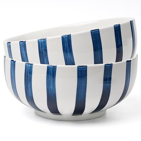 Large Ceramic Bowl, Serving Dishes For Entertaining, Underglaze Techniques, Blue And White Dishes, Soup Bowls Ceramic, Striped Bowl, Large Salad, Serving Bowl Set, Kitchen Bowls