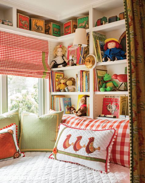 Ways To Add Storage To Home, Family Storage Ideas, Bedroom Art Inspiration, Kids Cottage Bedroom, Bedroom Book Storage Ideas, Whimsical Kids Bedroom, Cottage Kids Bedroom, Child Bedroom Ideas, Red Kids Bedroom