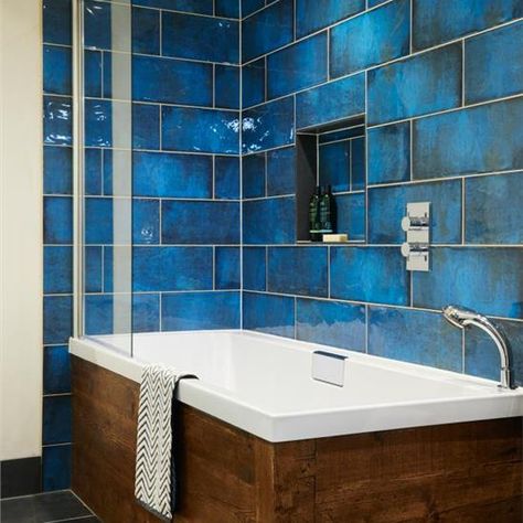 Montblanc Blue Ceramic Tileworks Tile Blue Bathrooms Designs, Colorful Bathroom Tile, Blue Bathroom Tile, Bath Tiles, Bathroom Paint Colors, Cabinets Diy, Bathroom Wall Tile, Bathroom Floor Tiles, Blue Bathroom