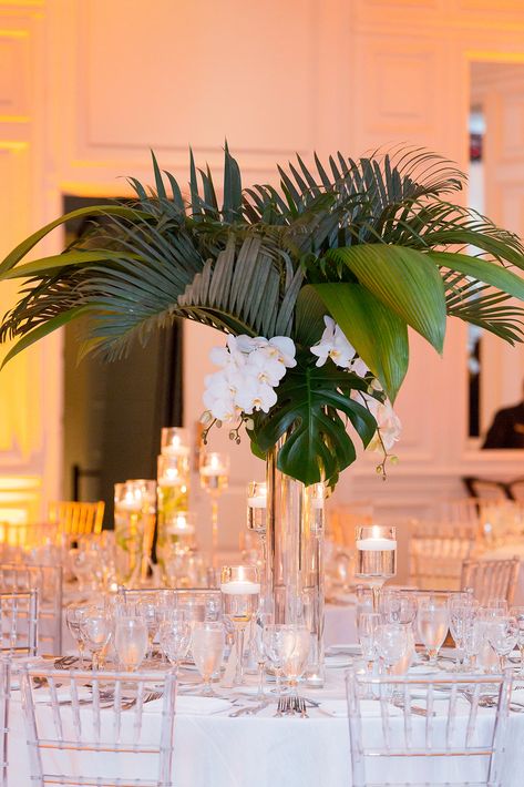 Green Tropical Centerpiece, Tropical Greens Centerpiece, Green White Tropical Wedding Flowers Tall Centerpieces, Tropical Plant Wedding Decor, Palm Leaf Centerpiece, Minimal Tropical Wedding Centerpiece, Gala Centerpieces, Wimbledon 2023, Old Hollywood Theme