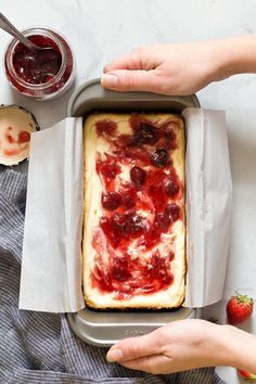 Small Batch Strawberry Swirl Cheesecake Bars In A Loaf Pan Loaf Pan Cheesecake, Small Batch Cheesecake, Cheesecake Loaf, Pan Cheesecake, Small Cheesecakes, Strawberry Swirl Cheesecake, Strawberry Cheesecake Bars, Recipe For 1, Swirl Cheesecake