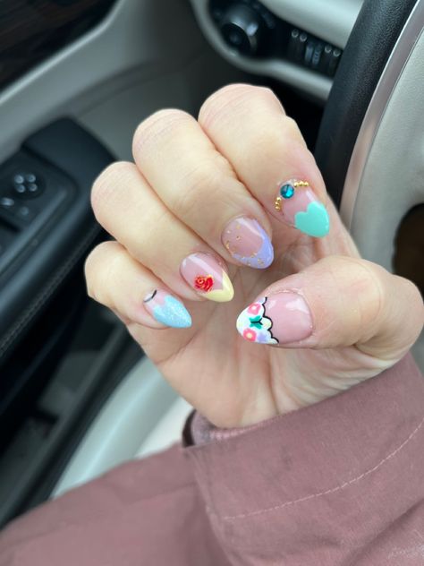 Disney Princess Gel Nails Disney Princess Nails Easy, Castle Nails Disney, Disney Princess French Tip Nails, Bell Nails Princess, Different Disney Character Nails, Disney Princess Nails Simple, Disney Princess Acrylic Nails, Disney Character Nails Easy, Princess Disney Nails