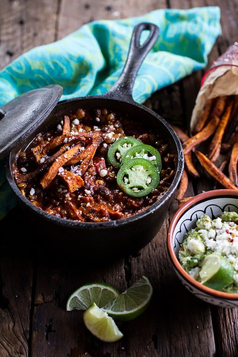 Spicy Black Bean and Lentil Chili with Cotija Guacamole + Chipotle Sweet Potato Fries | Bean And Lentil Chili, Guacamole Chipotle, Chili Vegan, Lentil Chili, Vegetarian Life, Happy Food, Half Baked, Potato Fries, Half Baked Harvest