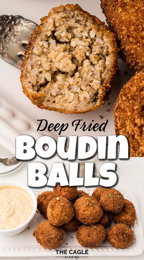 This Cajun delicacy - deep fried boudin balls - are the perfect Game Day snack. Eaten all across Louisiana, they're little balls of boudin breaded and deep fried for the best crispy outside, soft and savory inside! Cajun Boudin Balls, Homemade Boudin Balls, Cheesy Boudin Balls, Fried Boudin Balls, Deep Fried Sausage Balls, Air Fryer Boudin Balls, Recipes With Boudin, Boudin Balls Dipping Sauce, Seafood Boudin Recipe