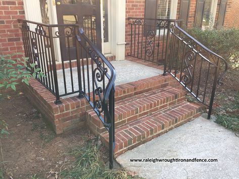 Entrance Iron Railings Raleigh NC Stairwell Railing, Step Railing Outdoor, Porch Upgrades, Wrought Iron Railing Exterior, Wrought Iron Porch Railings, Copper Awning, Iron Stairs, Arched Front Door, Red Brick Exteriors