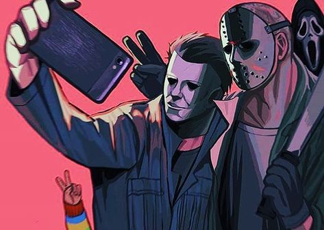 Selfie Michael Myers Jason Voorhees, Funny Selfie, Michael Myers Art, Halloween Friday The 13th, Michael Myers And Jason, Scary Movie Characters, Horror Villains, Slasher Film, Slasher Movies